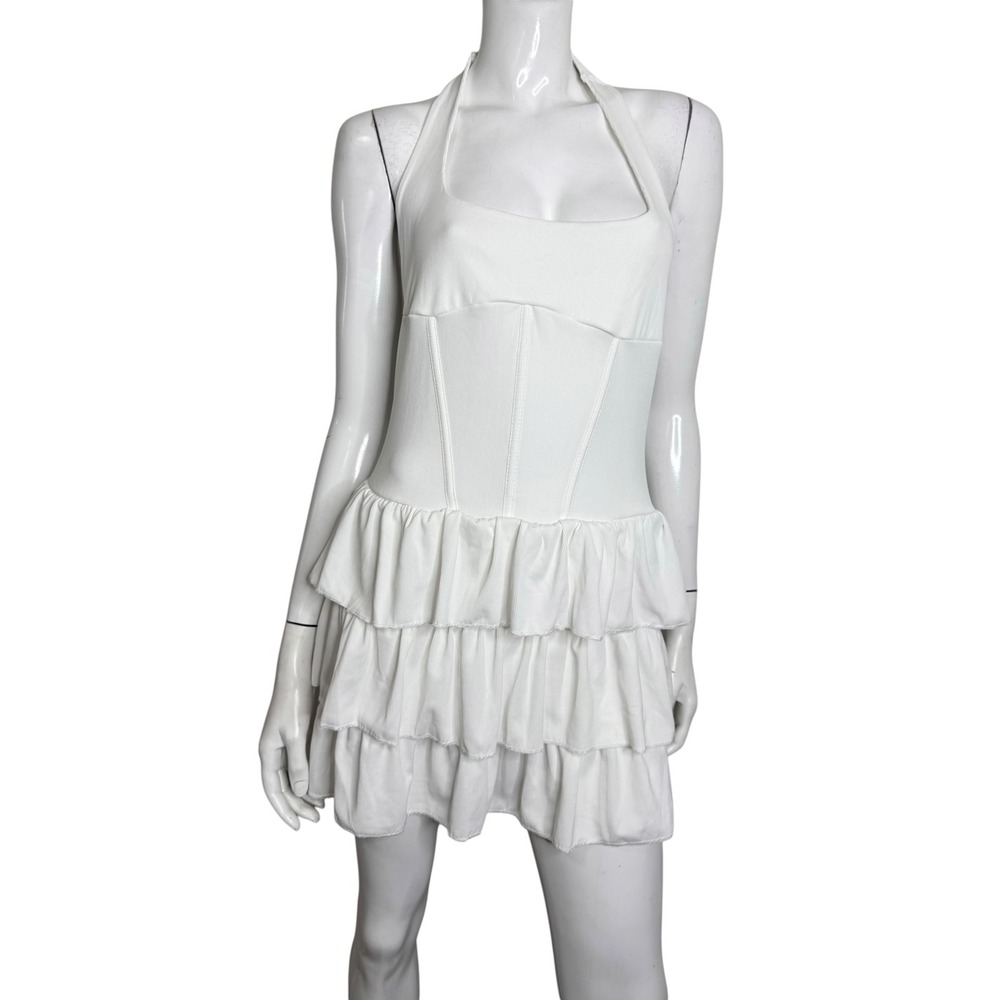 Top Chic White Ribbed Halter Corset Ruffle Mini Dress Large NEW